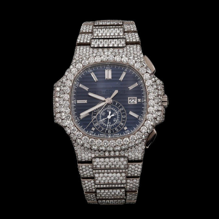 Patek Philippe Nautilus Blue Subdial Stick Markers Fully Iced Out Moissanite Watch Close Up Front View