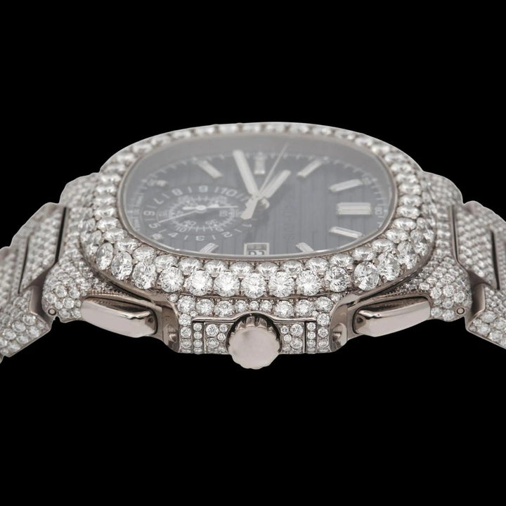 Patek Philippe Nautilus Blue Subdial Stick Markers Fully Iced Out Moissanite Watch Crown View