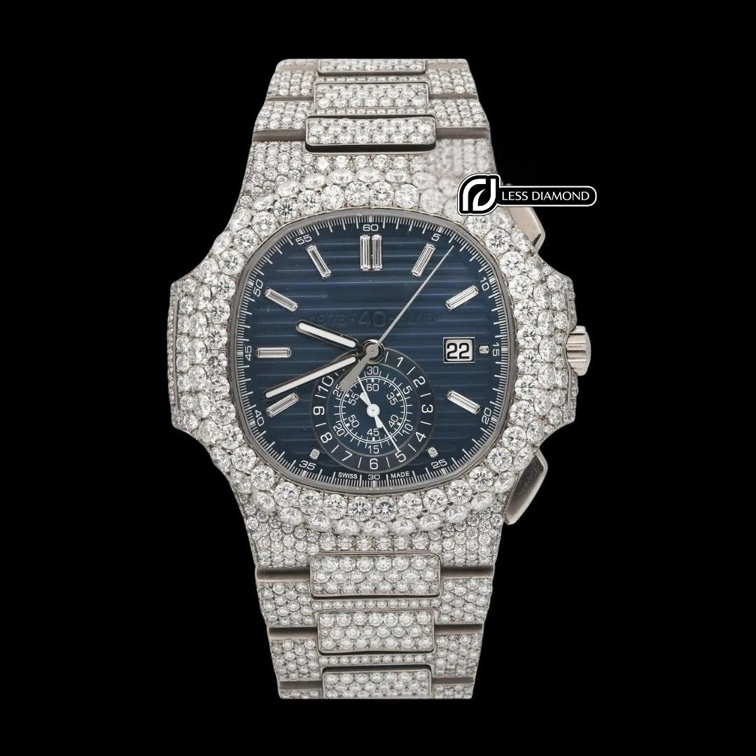 Patek Philippe Nautilus Blue Subdial Stick Markers Fully Iced Out Moissanite Watch Front View