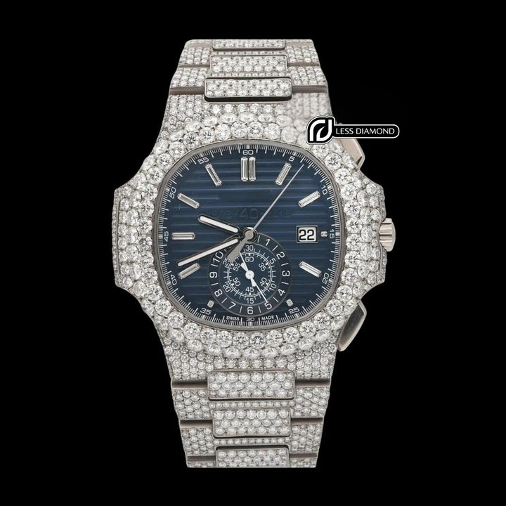 Patek Philippe Nautilus Blue Subdial Stick Markers Fully Iced Out Moissanite Watch Front View