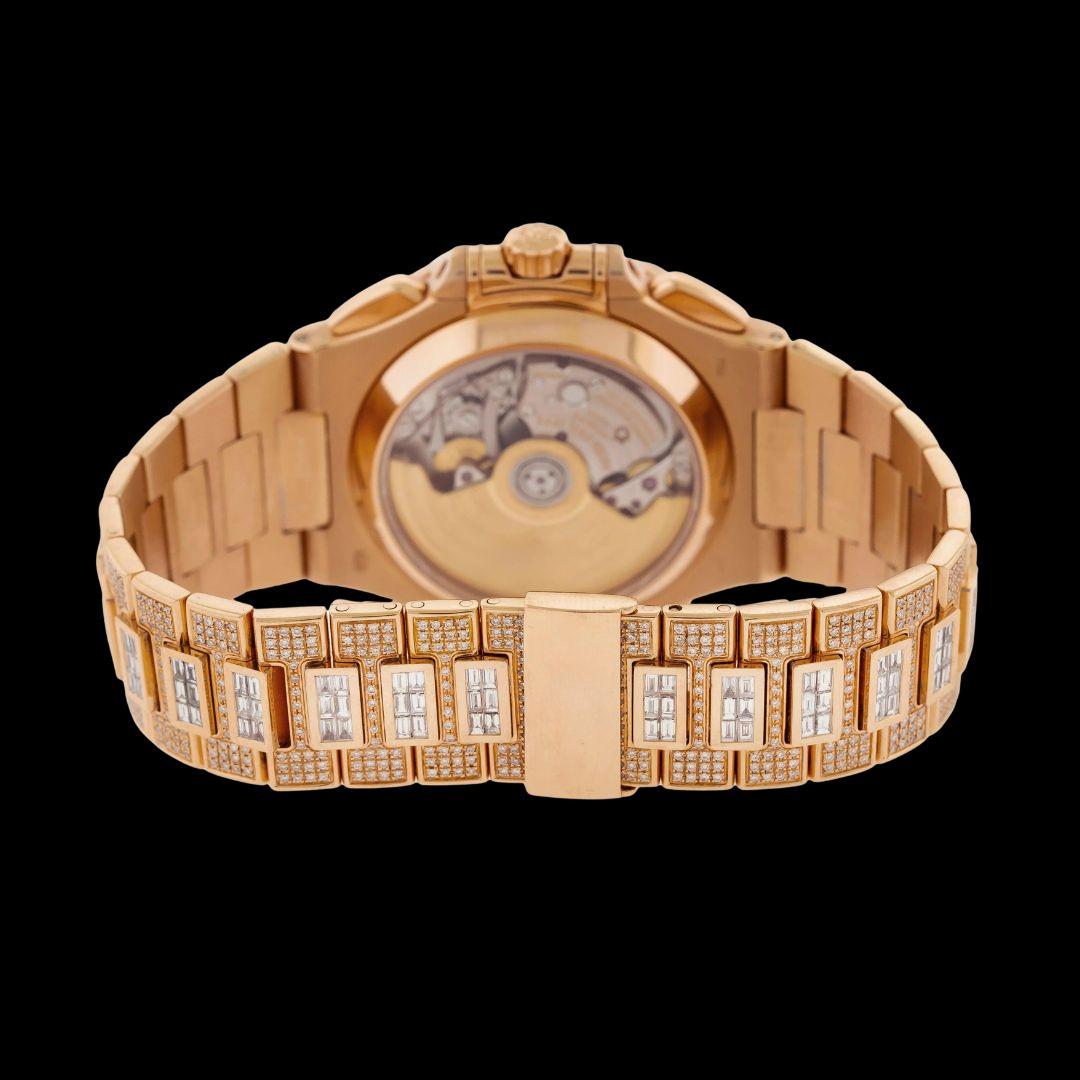 Patek Philippe Nautilus Brown Dial Diamond Markers Dial Rose Gold Iced Out Watch Caseback View