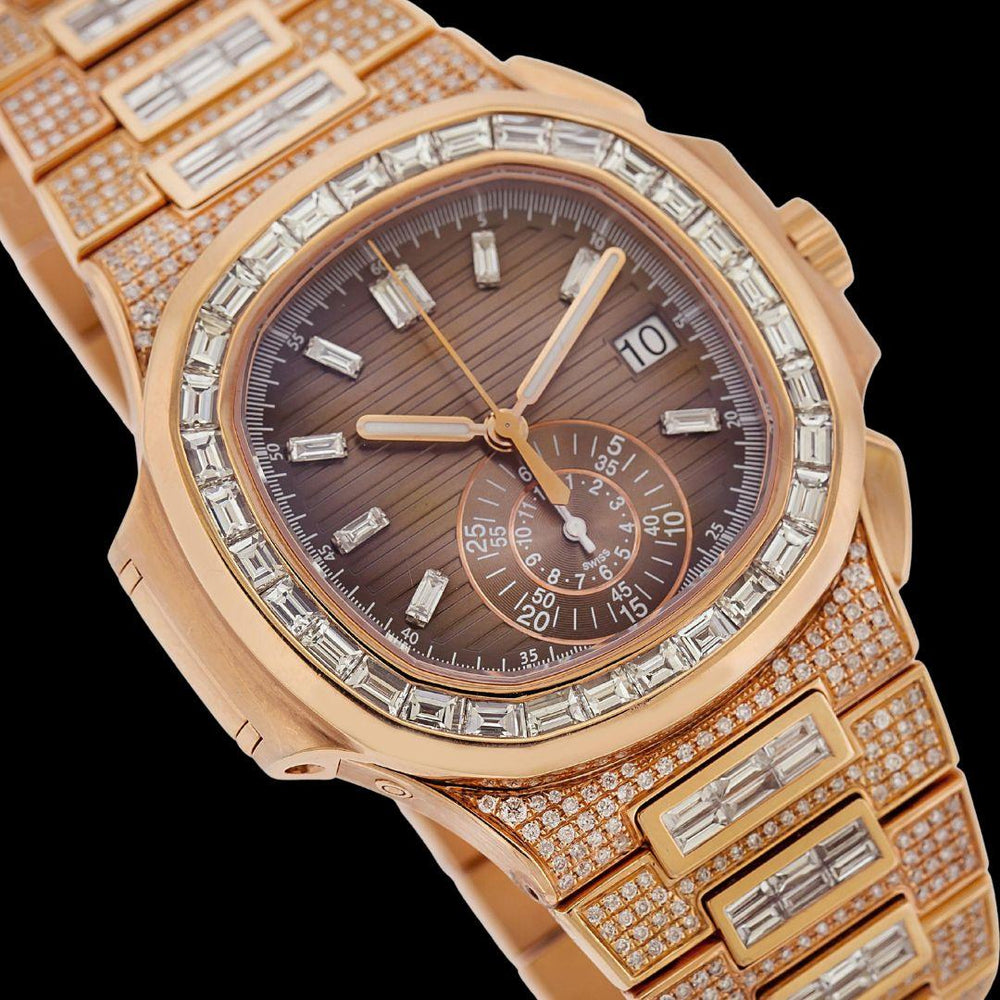 Patek Philippe Nautilus Brown Dial Diamond Markers Dial Rose Gold Iced Out Watch Close Up Dial View
