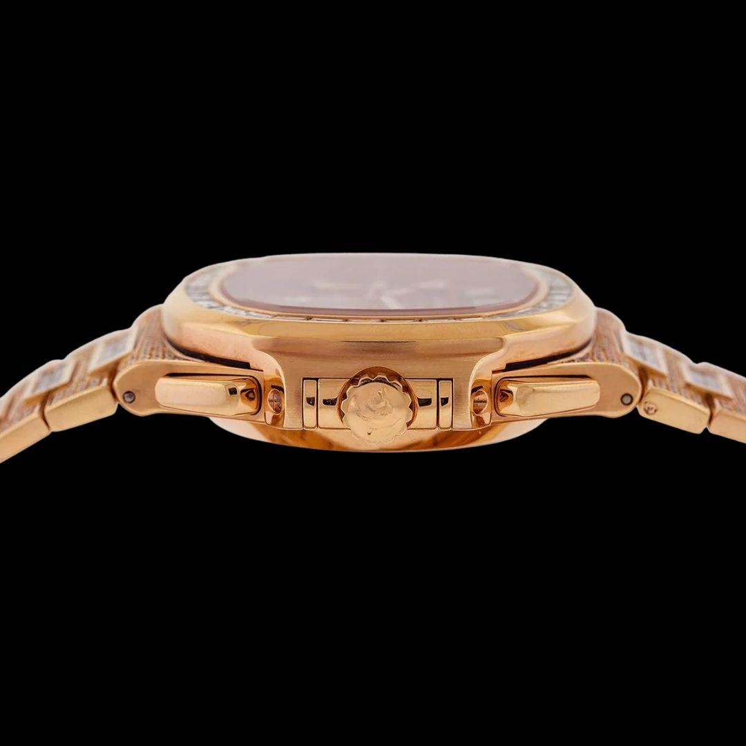 Patek Philippe Nautilus Brown Dial Diamond Markers Dial Rose Gold Iced Out Watch Crown View