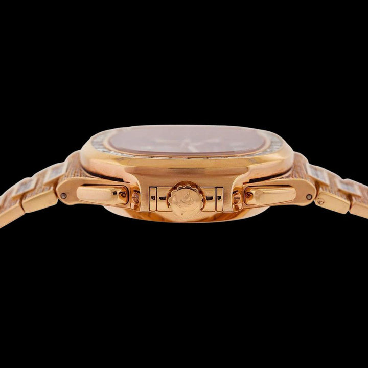 Patek Philippe Nautilus Brown Dial Diamond Markers Dial Rose Gold Iced Out Watch Crown View