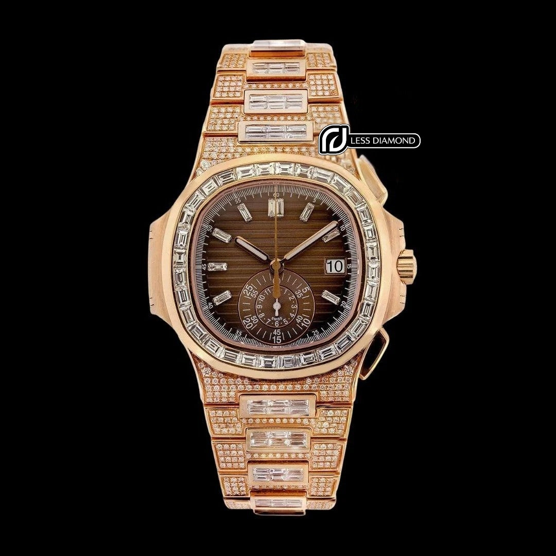 Patek Philippe Nautilus Brown Dial Diamond Markers Dial Rose Gold Iced Out Watch Front View