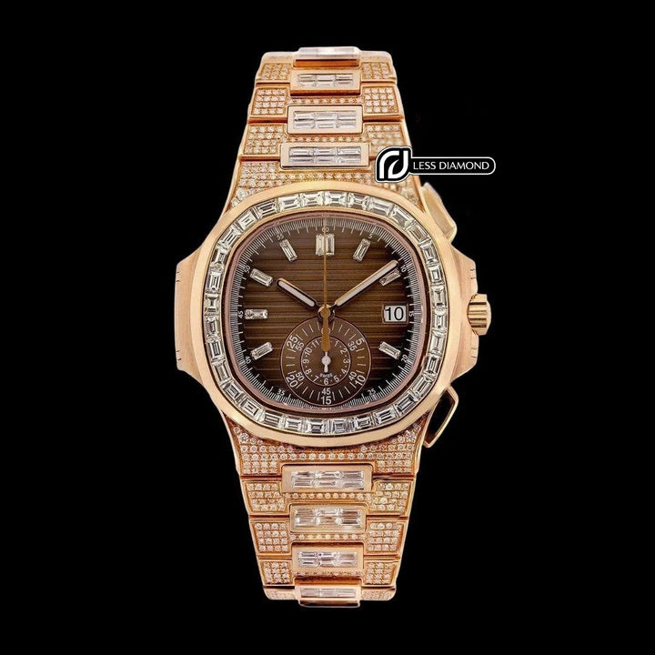 Patek Philippe Nautilus Brown Dial Diamond Markers Dial Rose Gold Iced Out Watch Front View