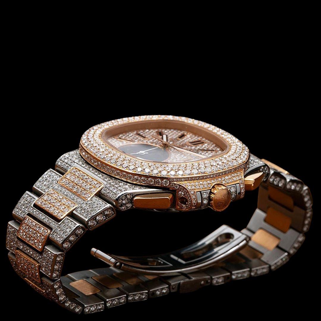 Patek Philippe Nautilus Chronograph Subdial Two Tone Rose Gold Iced Out Moissanite Watch Bracelet View