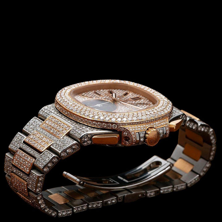 Patek Philippe Nautilus Chronograph Subdial Two Tone Rose Gold Iced Out Moissanite Watch Bracelet View