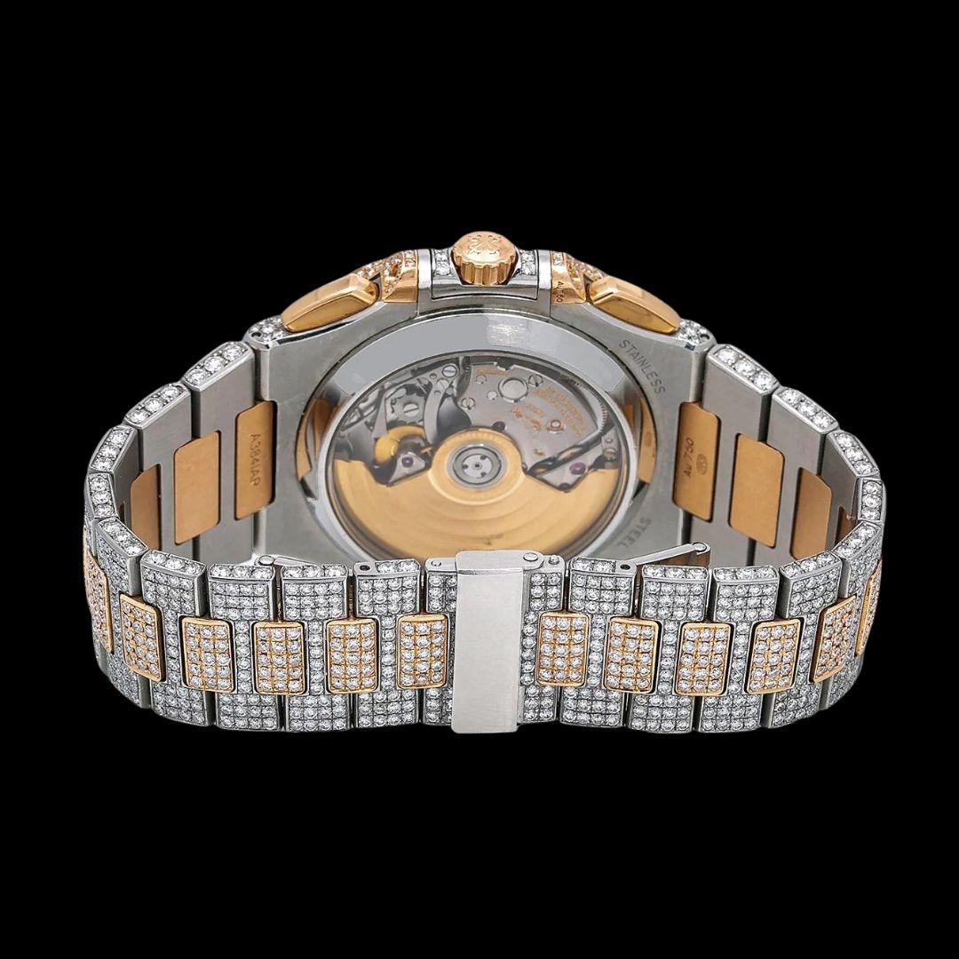 Patek Philippe Nautilus Chronograph Subdial Two Tone Rose Gold Iced Out Moissanite Watch Caseback View