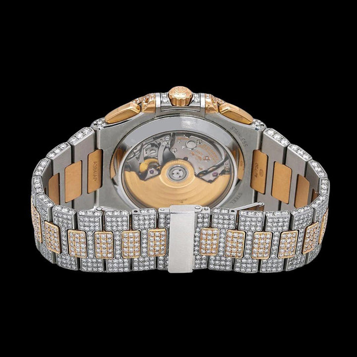 Patek Philippe Nautilus Chronograph Subdial Two Tone Rose Gold Iced Out Moissanite Watch Caseback View