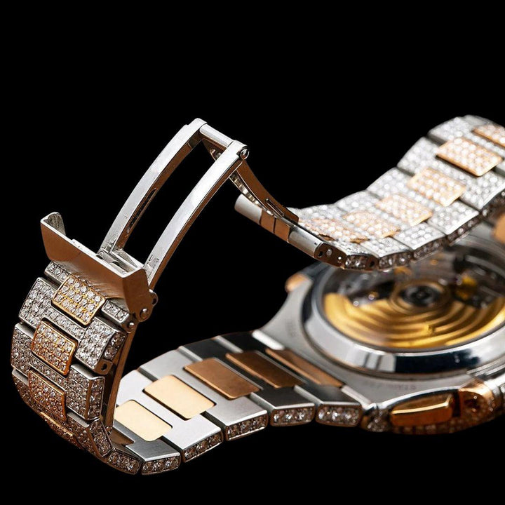 Patek Philippe Nautilus Chronograph Subdial Two Tone Rose Gold Iced Out Moissanite Watch Claps View