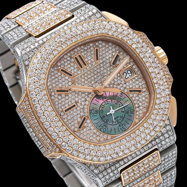 Patek Philippe Nautilus Chronograph Subdial Two Tone Rose Gold Iced Out Moissanite Watch Close Up Dial View