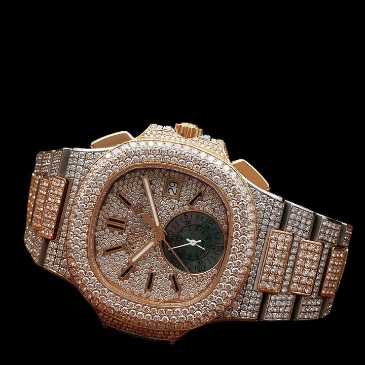 Patek Philippe Nautilus Chronograph Subdial Two Tone Rose Gold Iced Out Moissanite Watch Close Up Front View