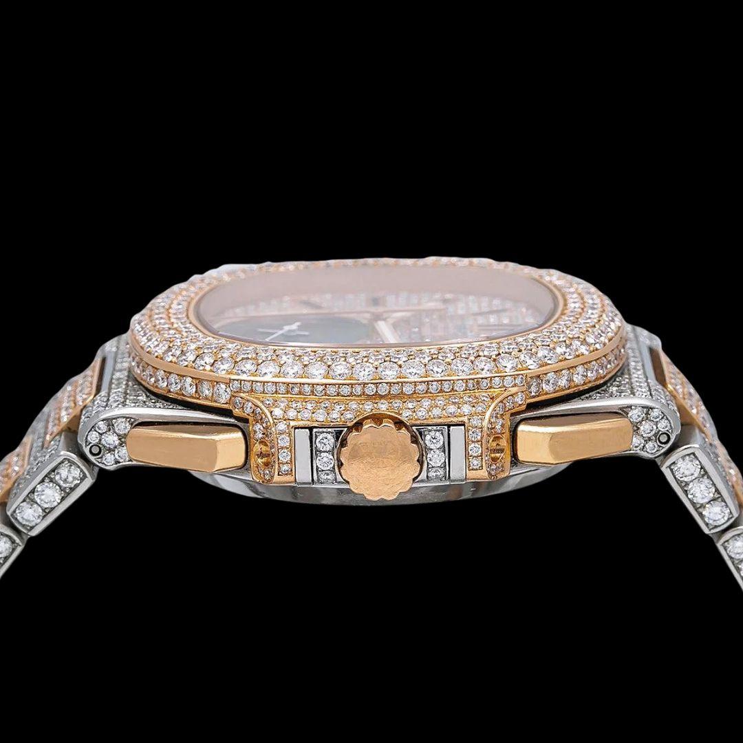 Patek Philippe Nautilus Chronograph Subdial Two Tone Rose Gold Iced Out Moissanite Watch Crown View