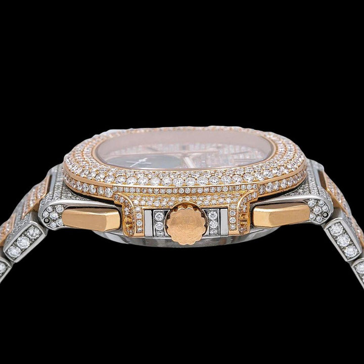 Patek Philippe Nautilus Chronograph Subdial Two Tone Rose Gold Iced Out Moissanite Watch Crown View