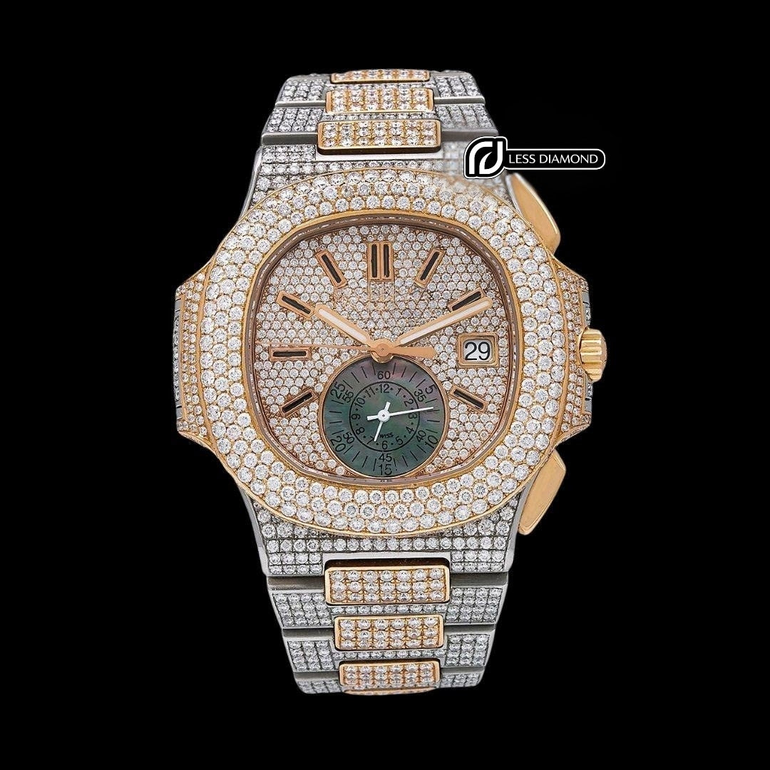 Patek Philippe Nautilus Chronograph Subdial Two Tone Rose Gold Iced Out Moissanite Watch Front View