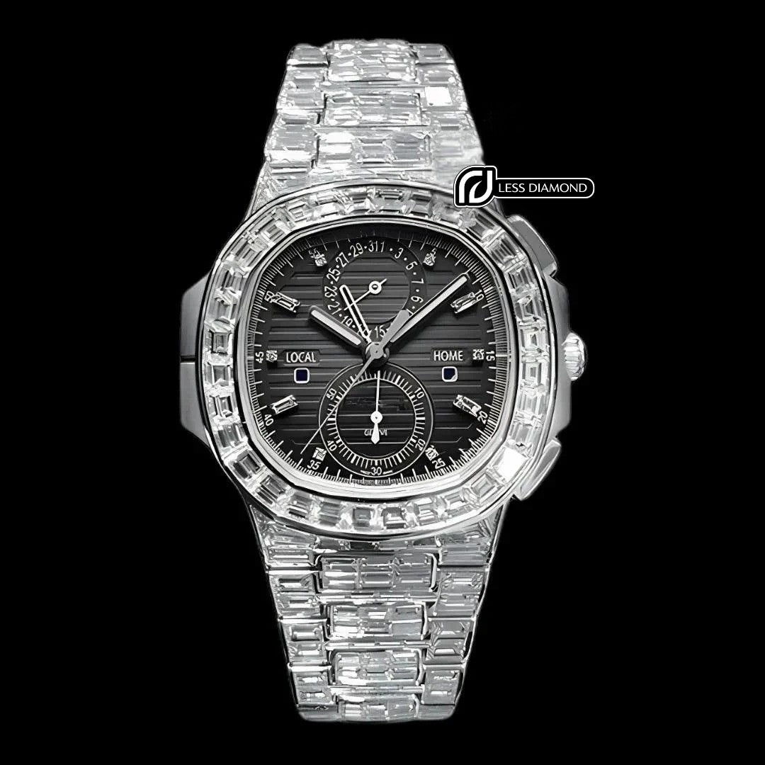 Patek Philippe Nautilus Diamond Markers Black Dial Fully Iced Out Baguette Moissanite Watch Front View