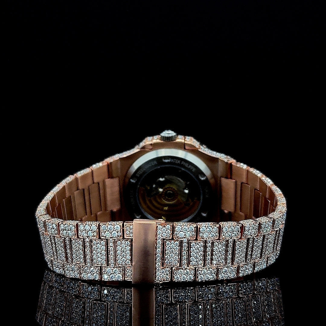 Patek Philippe Nautilus Diamond Markers Dial Fully Iced Out Rose Gold Moissanite Watch Caseback View