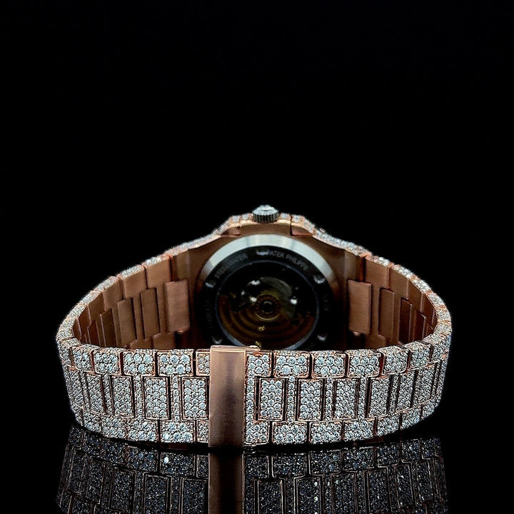 Patek Philippe Nautilus Diamond Markers Dial Fully Iced Out Rose Gold Moissanite Watch Caseback View