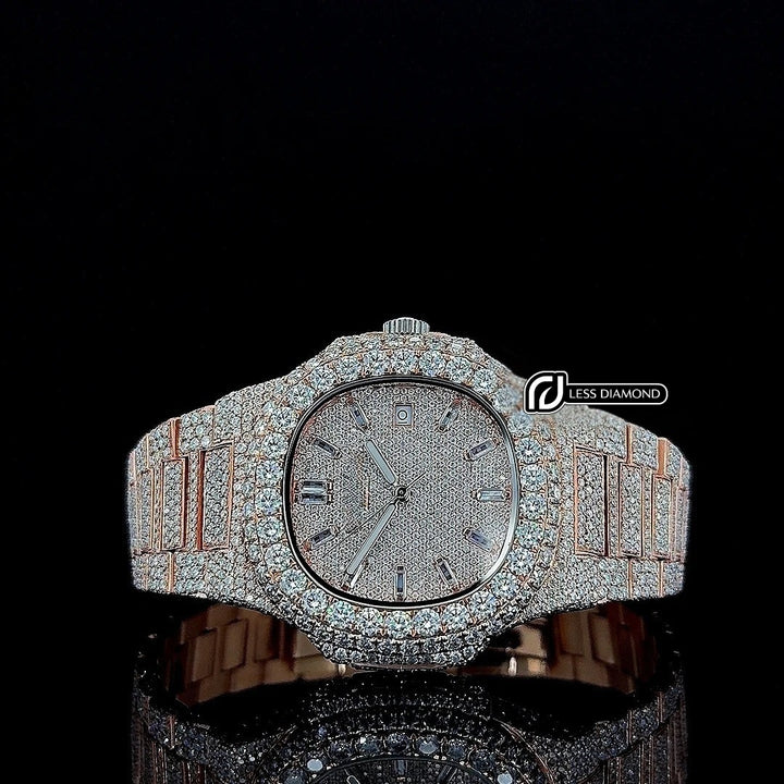 Patek Philippe Nautilus Diamond Markers Dial Fully Iced Out Rose Gold Moissanite Watch Front View