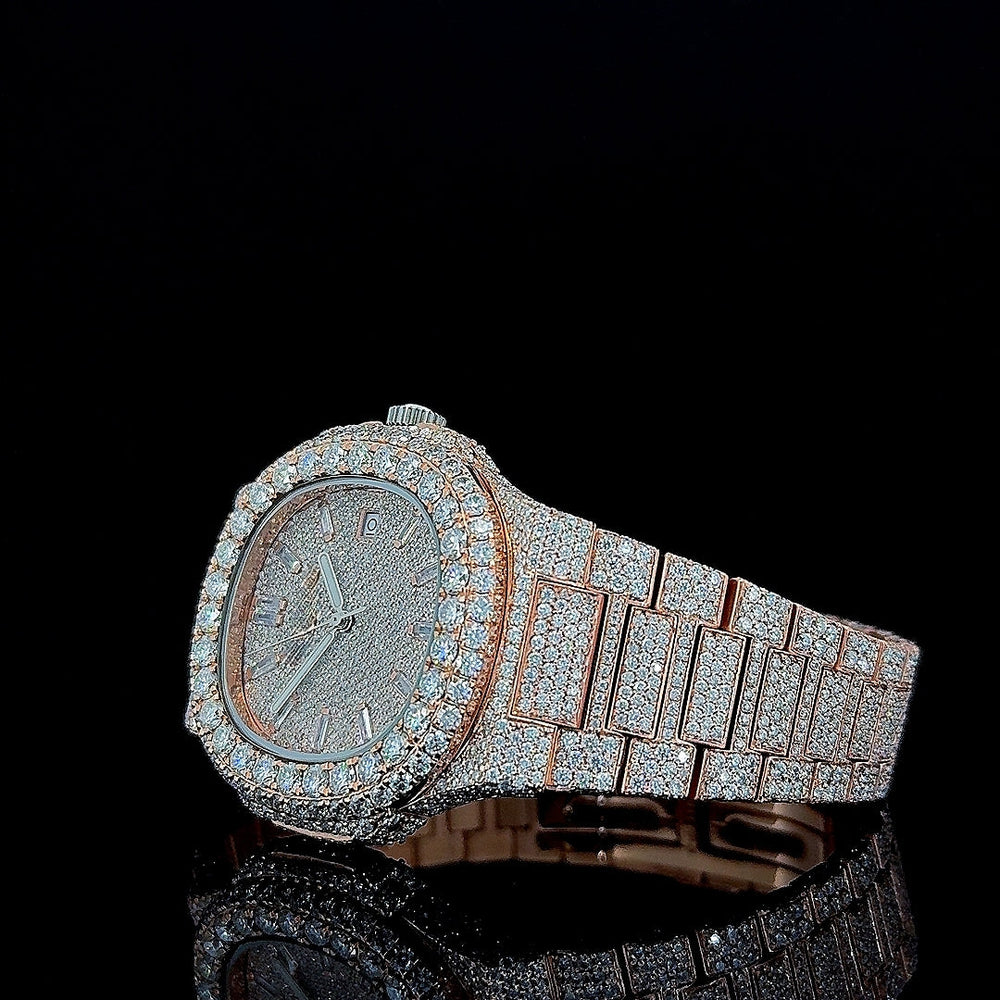Patek Philippe Nautilus Diamond Markers Dial Fully Iced Out Rose Gold Moissanite Watch Left Profile View