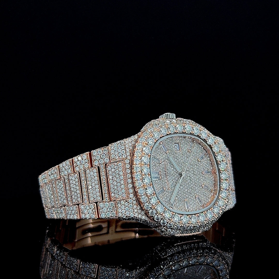 Patek Philippe Nautilus Diamond Markers Dial Fully Iced Out Rose Gold Moissanite Watch Right Profile View