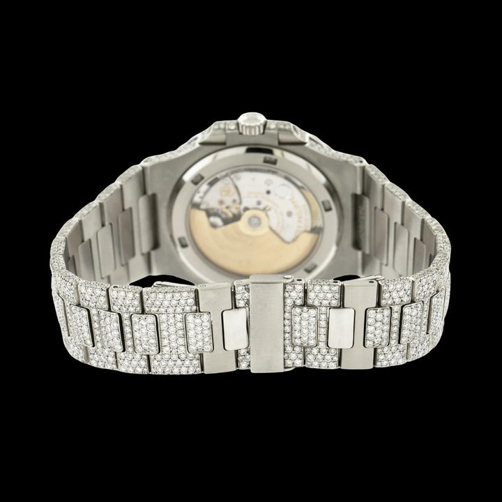 Patek Philippe Nautilus Diamond Pave Dial White Stick Markers Iced Out Moissanite Watch Caseback View