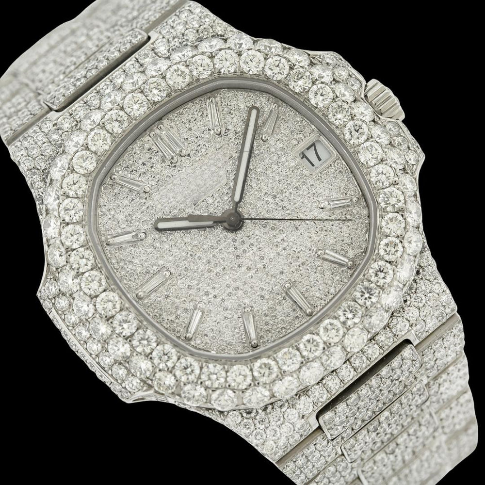 Patek Philippe Nautilus Diamond Pave Dial White Stick Markers Iced Out Moissanite Watch Close Up Dial View