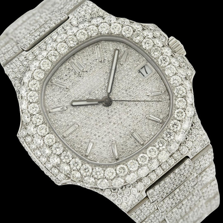 Patek Philippe Nautilus Diamond Pave Dial White Stick Markers Iced Out Moissanite Watch Close Up Dial View