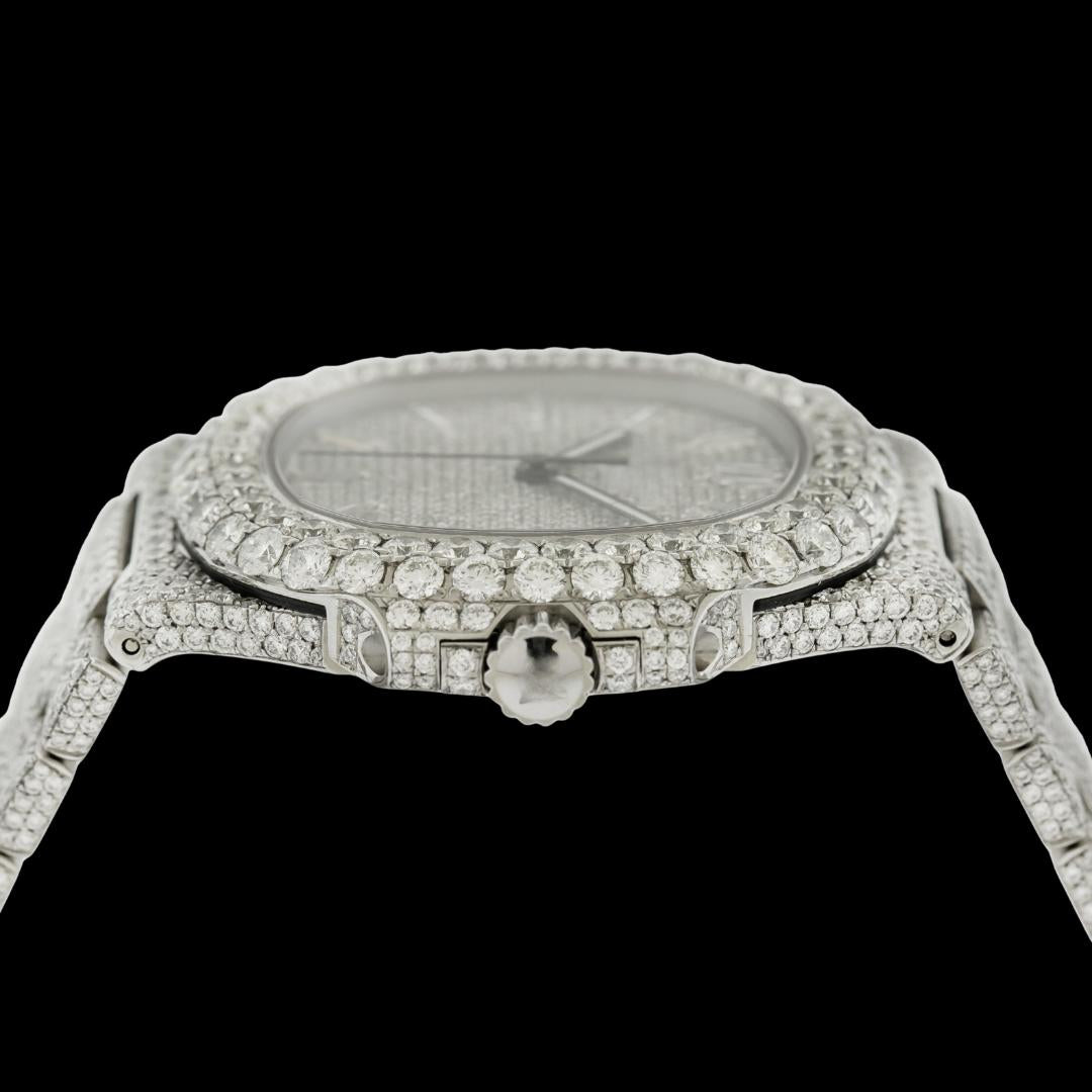 Patek Philippe Nautilus Diamond Pave Dial White Stick Markers Iced Out Moissanite Watch Crown View