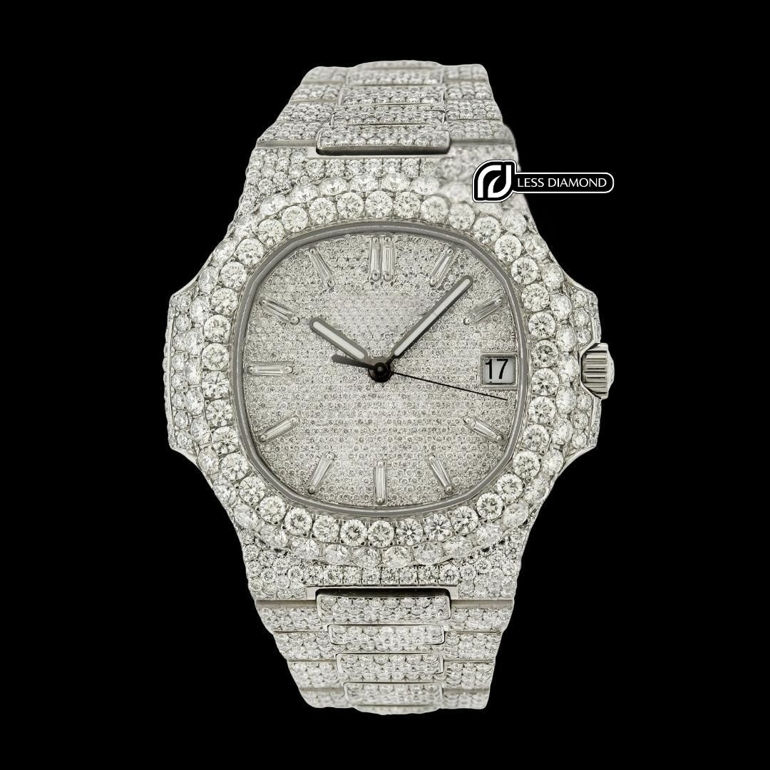 Patek Philippe Nautilus Diamond Pave Dial White Stick Markers Iced Out Moissanite Watch Front View