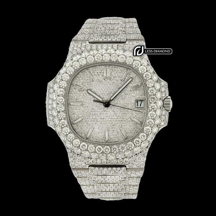 Patek Philippe Nautilus Diamond Pave Dial White Stick Markers Iced Out Moissanite Watch Front View