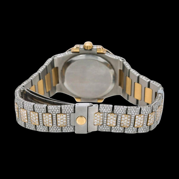 Patek Philippe Nautilus Diamond Pave Stick Markers Dial Two Tone Yellow Gold Moissanite Watch Caseback View