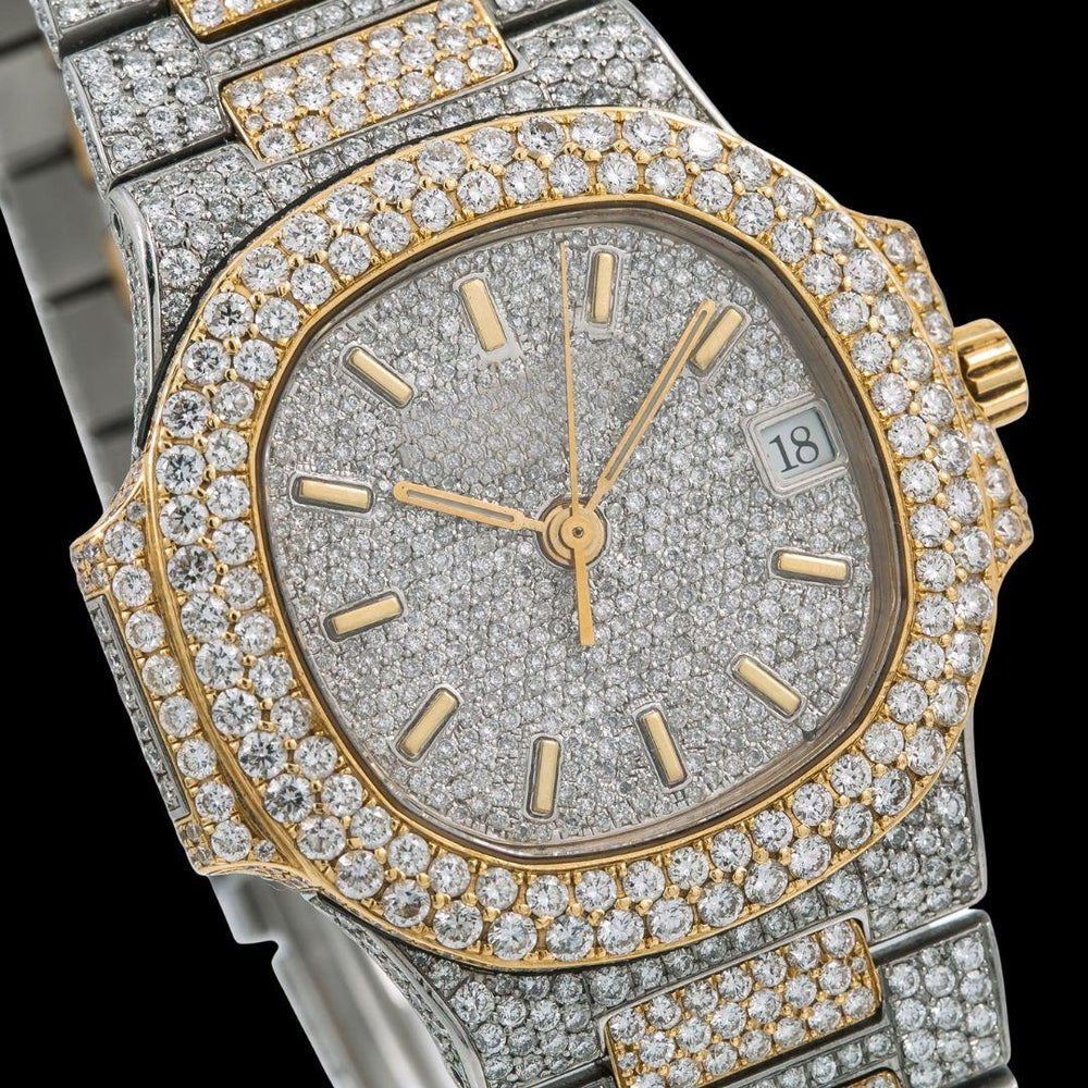 Patek Philippe Nautilus Diamond Pave Stick Markers Dial Two Tone Yellow Gold Moissanite Watch Close Up Dial View