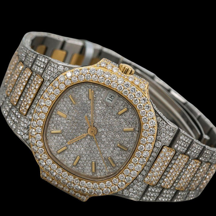 Patek Philippe Nautilus Diamond Pave Stick Markers Dial Two Tone Yellow Gold Moissanite Watch Close Up Front View