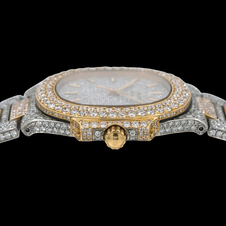 Patek Philippe Nautilus Diamond Pave Stick Markers Dial Two Tone Yellow Gold Moissanite Watch Crown View