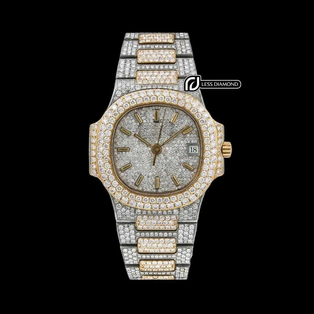 Patek Philippe Nautilus Diamond Pave Stick Markers Dial Two Tone Yellow Gold Moissanite Watch Front View