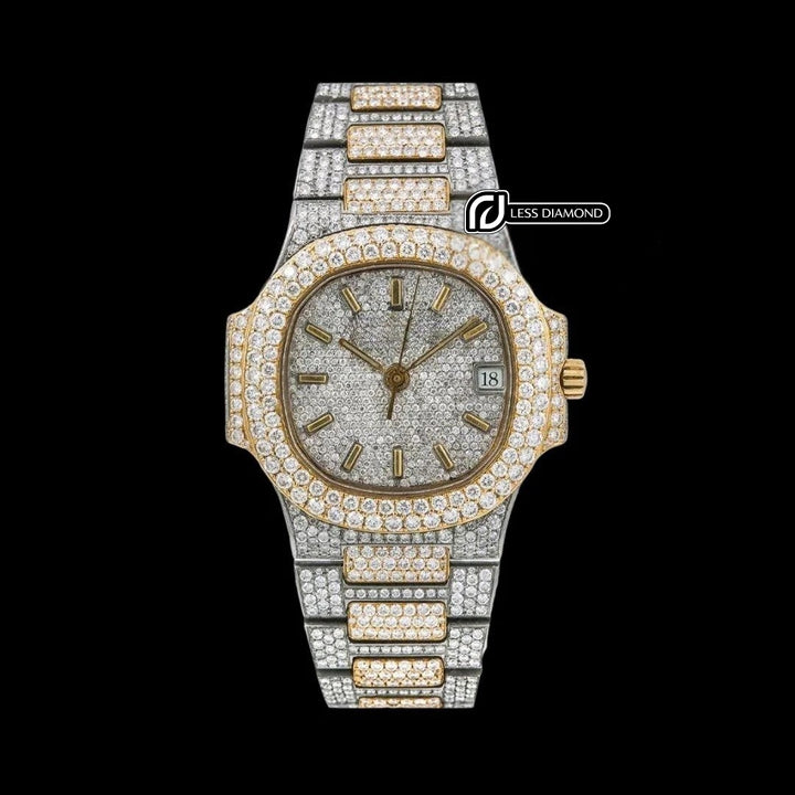 Patek Philippe Nautilus Diamond Pave Stick Markers Dial Two Tone Yellow Gold Moissanite Watch Front View