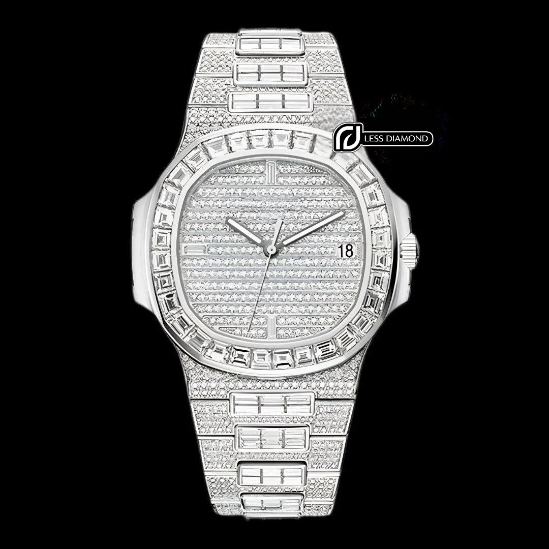 Patek Philippe Nautilus Fully Iced Out Baguette Moissanite Diamond Watch Front View