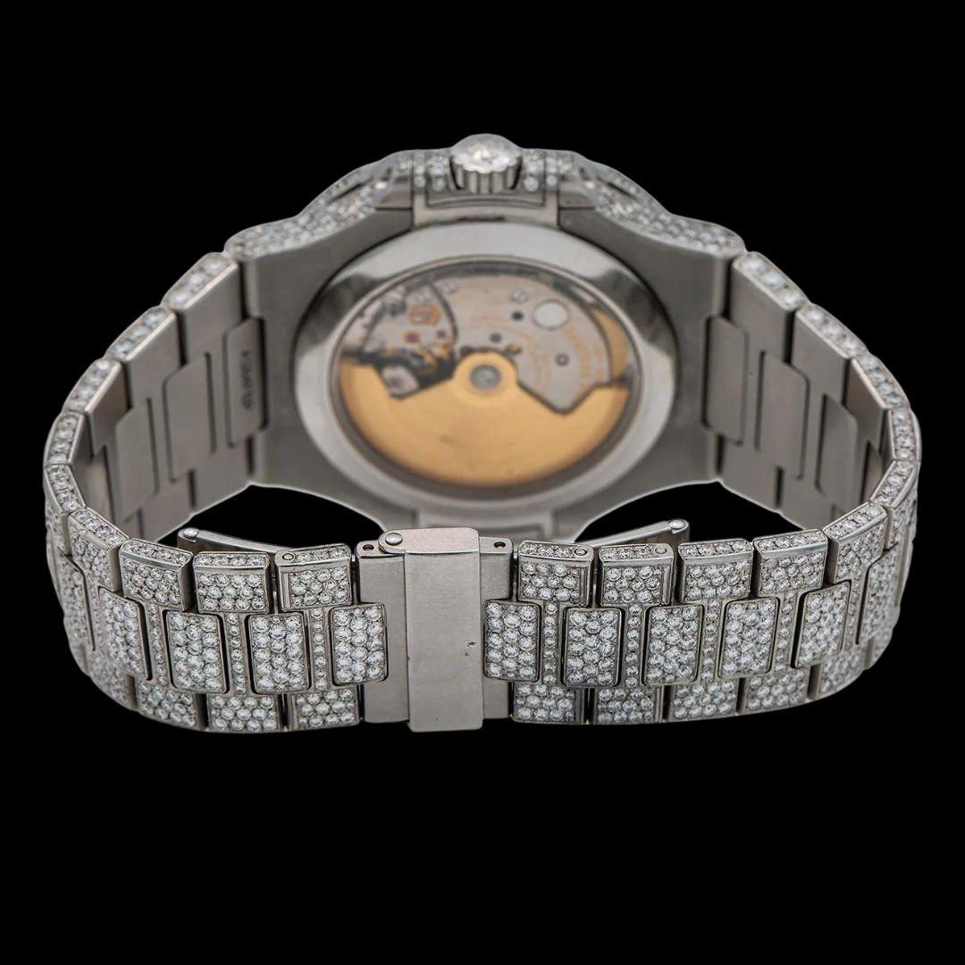 Patek Philippe Nautilus Moonphase Dial Stick Markers Fully Iced Out Moissanite Watch Caseback View