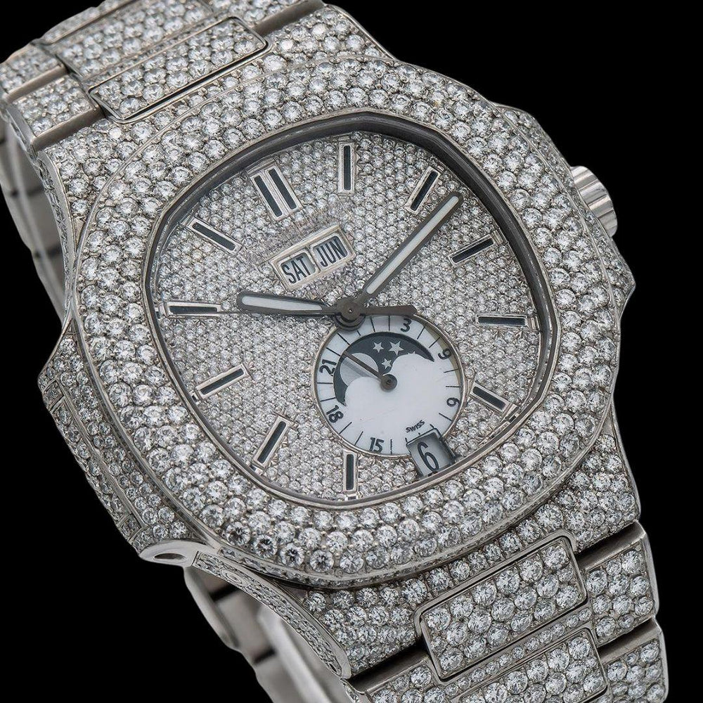 Patek Philippe Nautilus Moonphase Dial Stick Markers Fully Iced Out Moissanite Watch Close Up Dial View