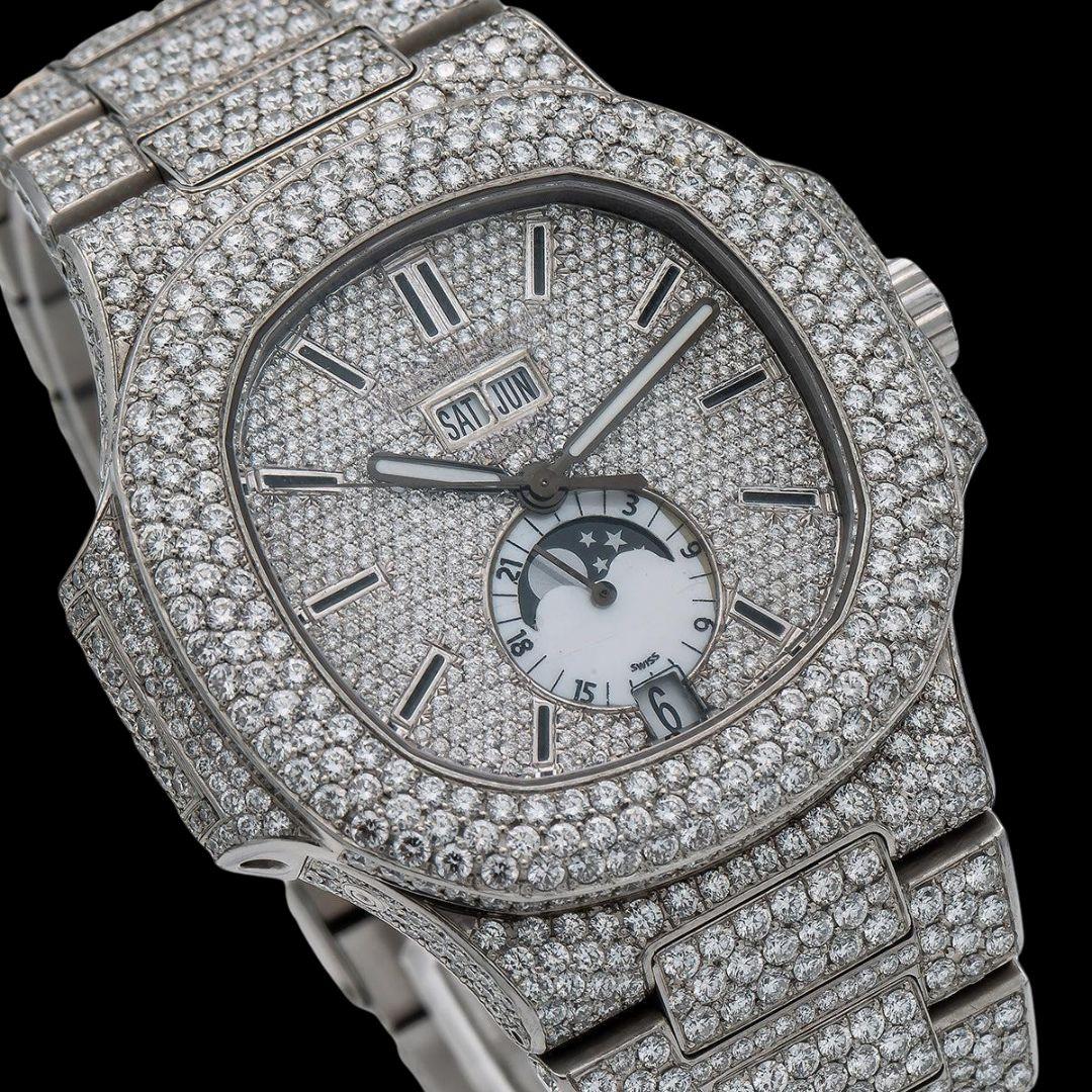 Patek Philippe Nautilus Moonphase Dial Stick Markers Fully Iced Out Moissanite Watch Close Up Dial View