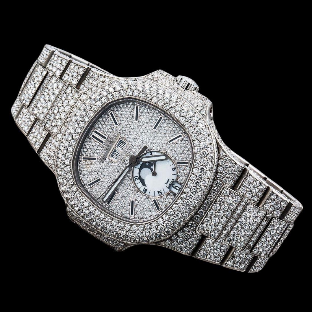 Patek Philippe Nautilus Moonphase Dial Stick Markers Fully Iced Out Moissanite Watch Close Up Front View