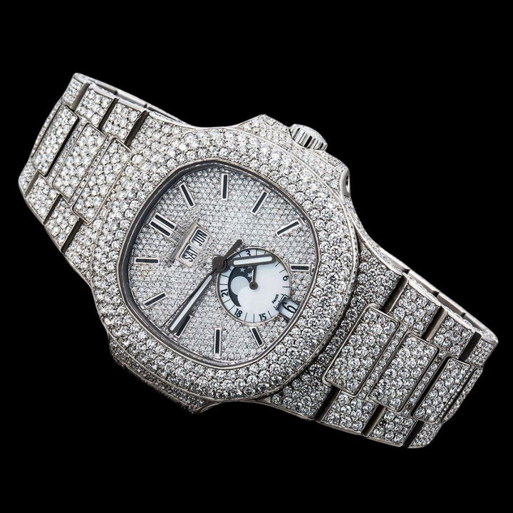 Patek Philippe Nautilus Moonphase Dial Stick Markers Fully Iced Out Moissanite Watch Close Up Front View