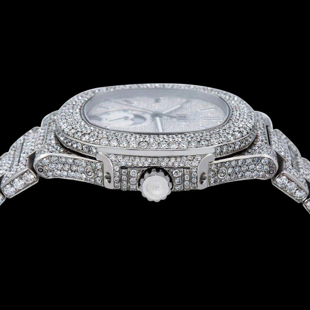 Patek Philippe Nautilus Moonphase Dial Stick Markers Fully Iced Out Moissanite Watch Crown View