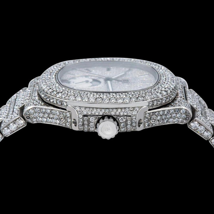 Patek Philippe Nautilus Moonphase Dial Stick Markers Fully Iced Out Moissanite Watch Crown View