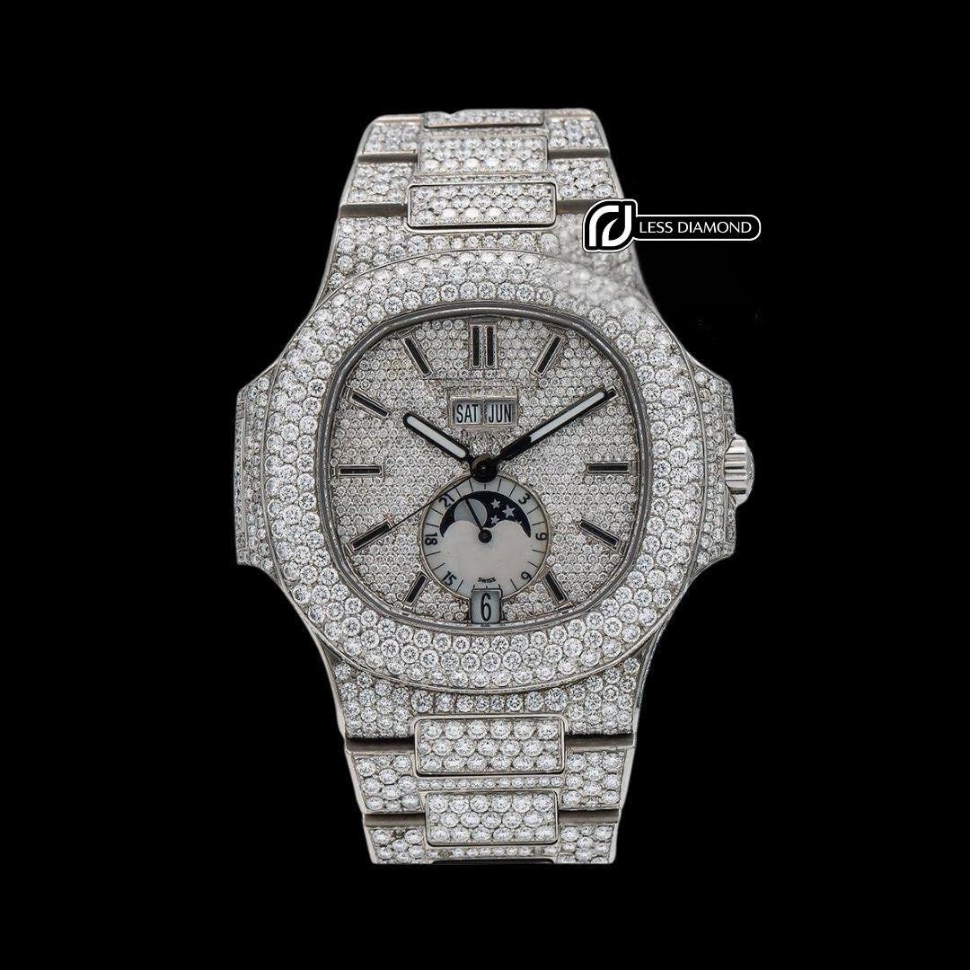 Patek Philippe Nautilus Moonphase Dial Stick Markers Fully Iced Out Moissanite Watch Front View