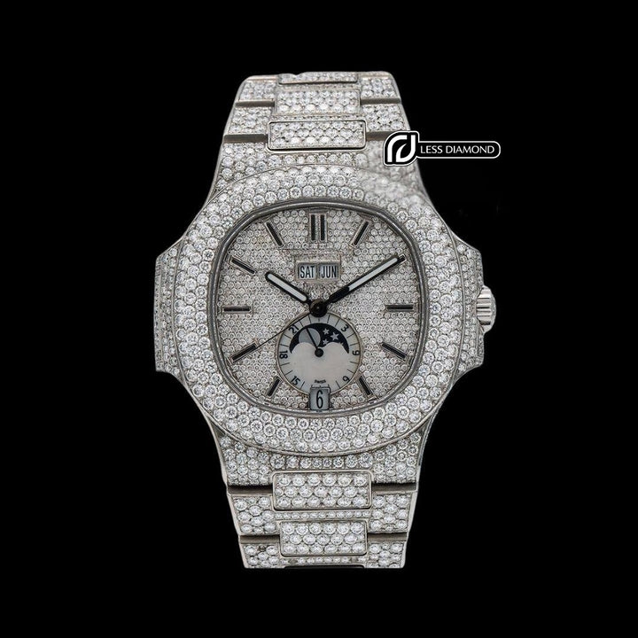Patek Philippe Nautilus Moonphase Dial Stick Markers Fully Iced Out Moissanite Watch Front View
