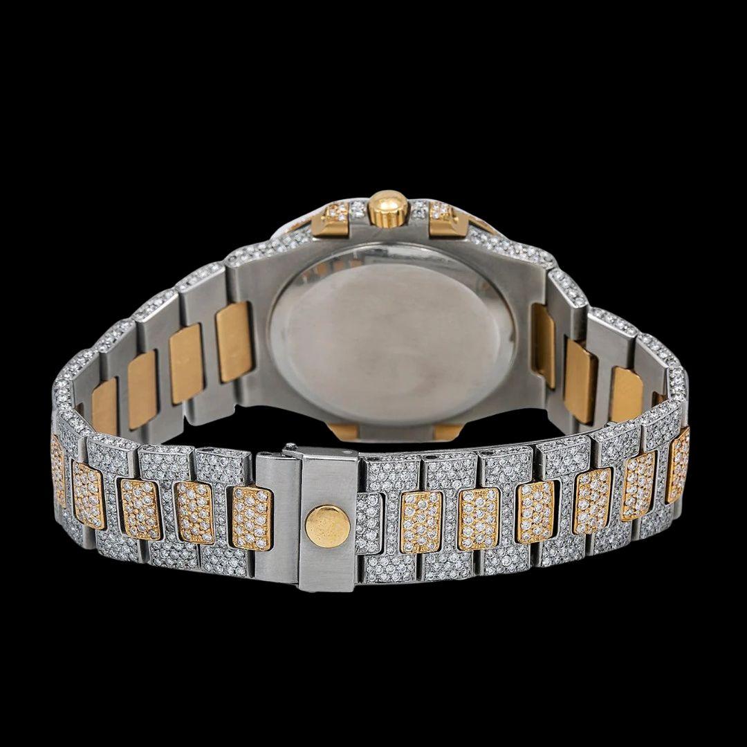 Patek Philippe Nautilus Stick Markers Black Dial Two Tone Yellow Gold Iced Out Watch Caseback View