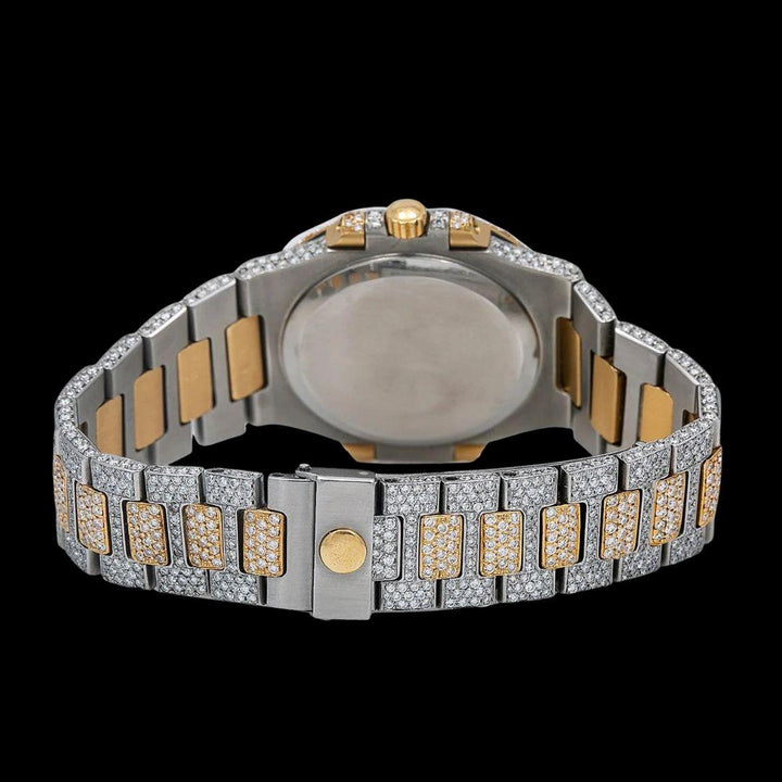Patek Philippe Nautilus Stick Markers Black Dial Two Tone Yellow Gold Iced Out Watch Caseback View